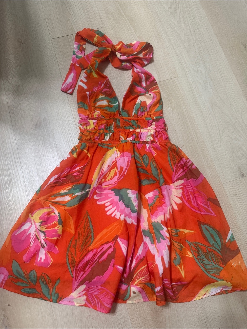 Women Orange Floral Halter Dress - Picture 1 of 5